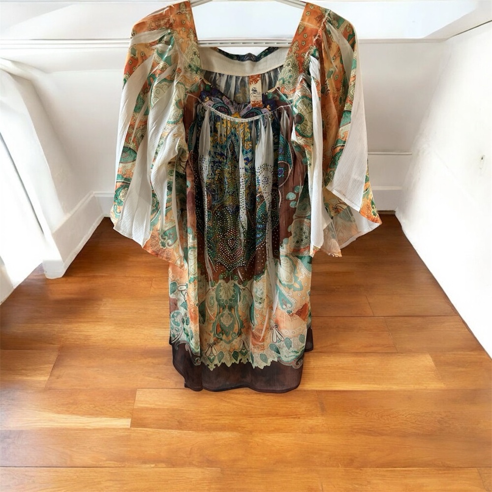 S-Twelve Vibrant Paisley Dress/Blouse with heavy embellishment w/colorful beads.